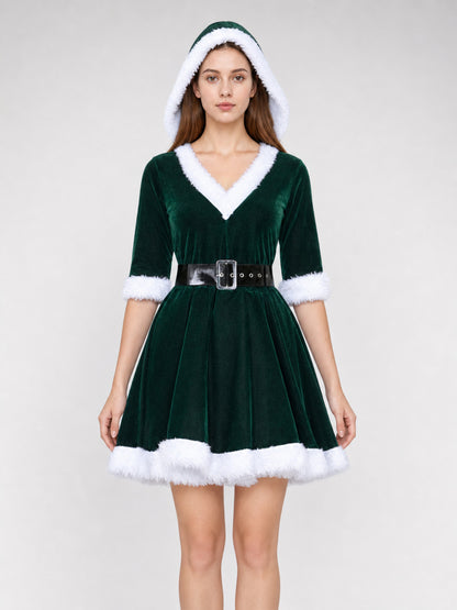 Festive Christmas Hooded Dress with Belt front view