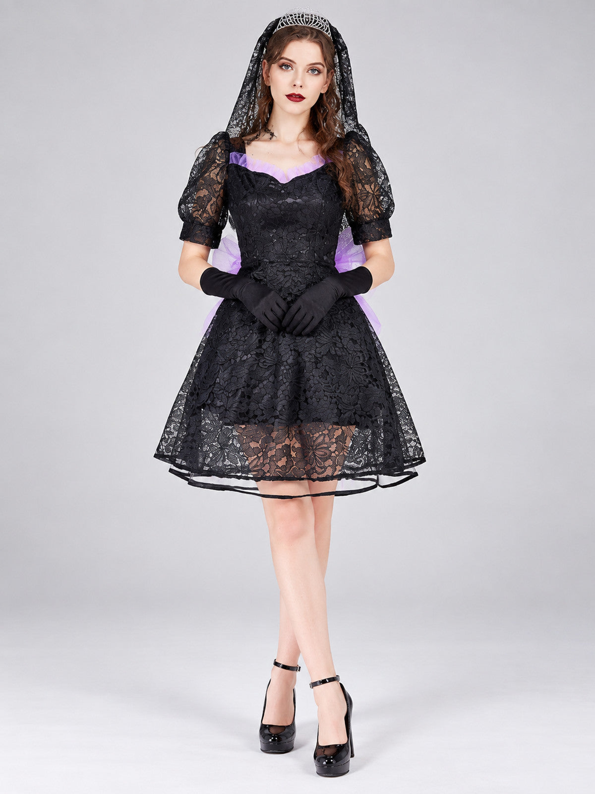 Vampire Costume: Black Dress, Veil, Gloves