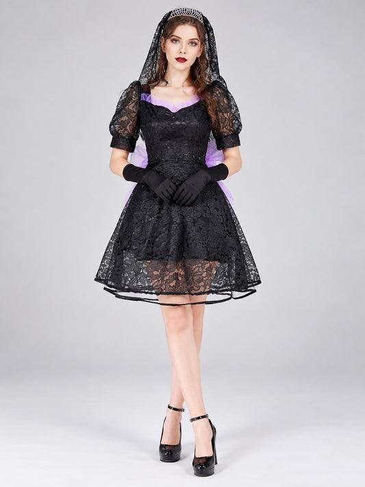 Vampire Costume: Black Dress, Veil, Gloves