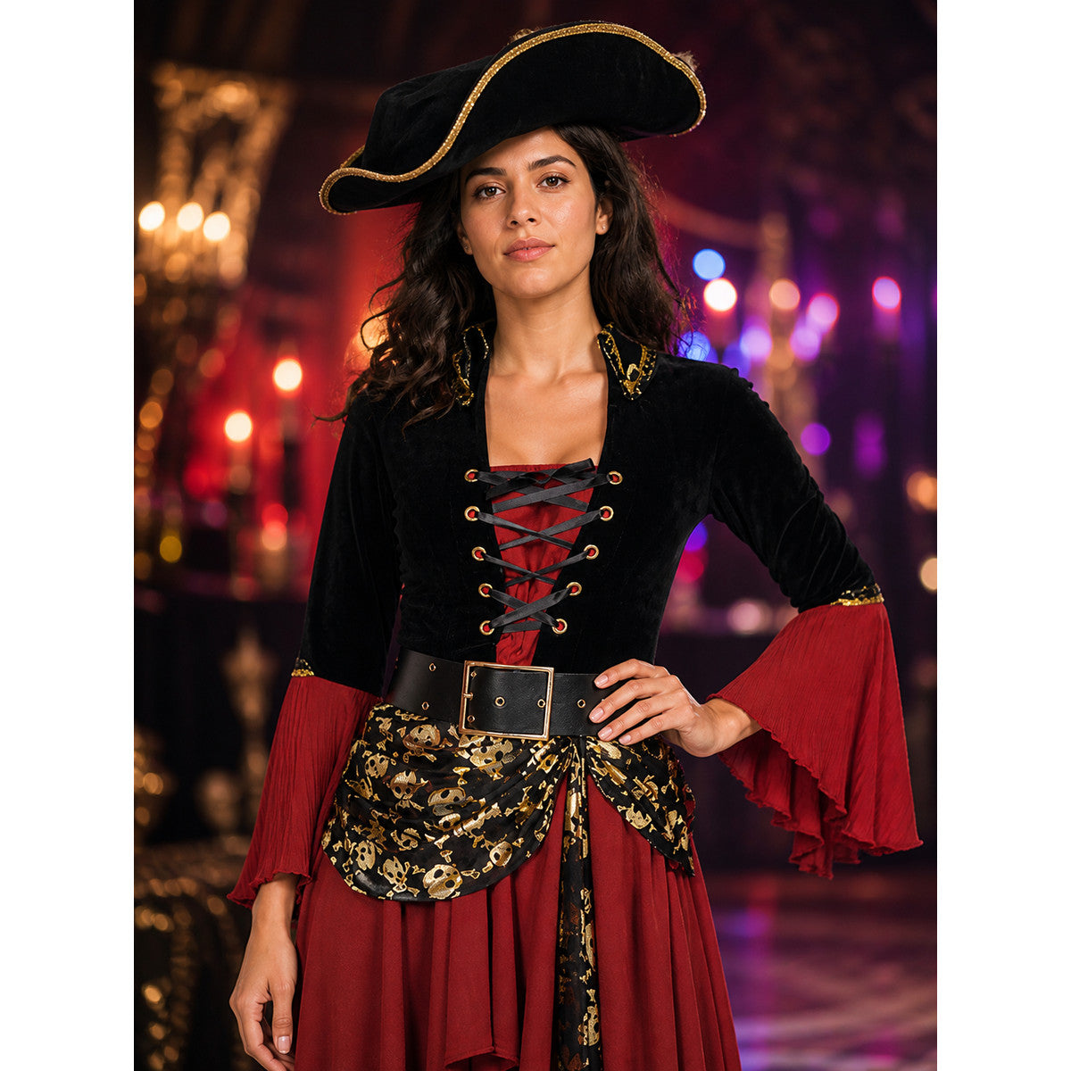 Women's Red and Black Pirate Halloween Costume Set, Asymmetric Layered Skirt