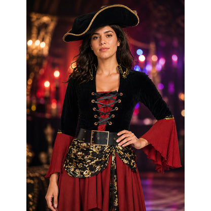 Women's Red and Black Pirate Halloween Costume Set, Asymmetric Layered Skirt