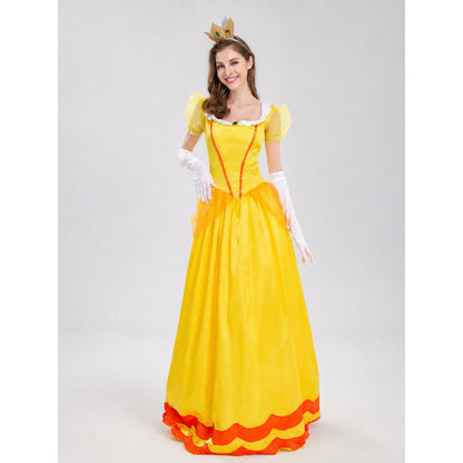 The princess costume features a festive style with distinctive details. The look is centered around a yellow dress with a fitted bodice and full skirt. Symmetrical orange decorative lines on the chest accent the bodice design. A white colla