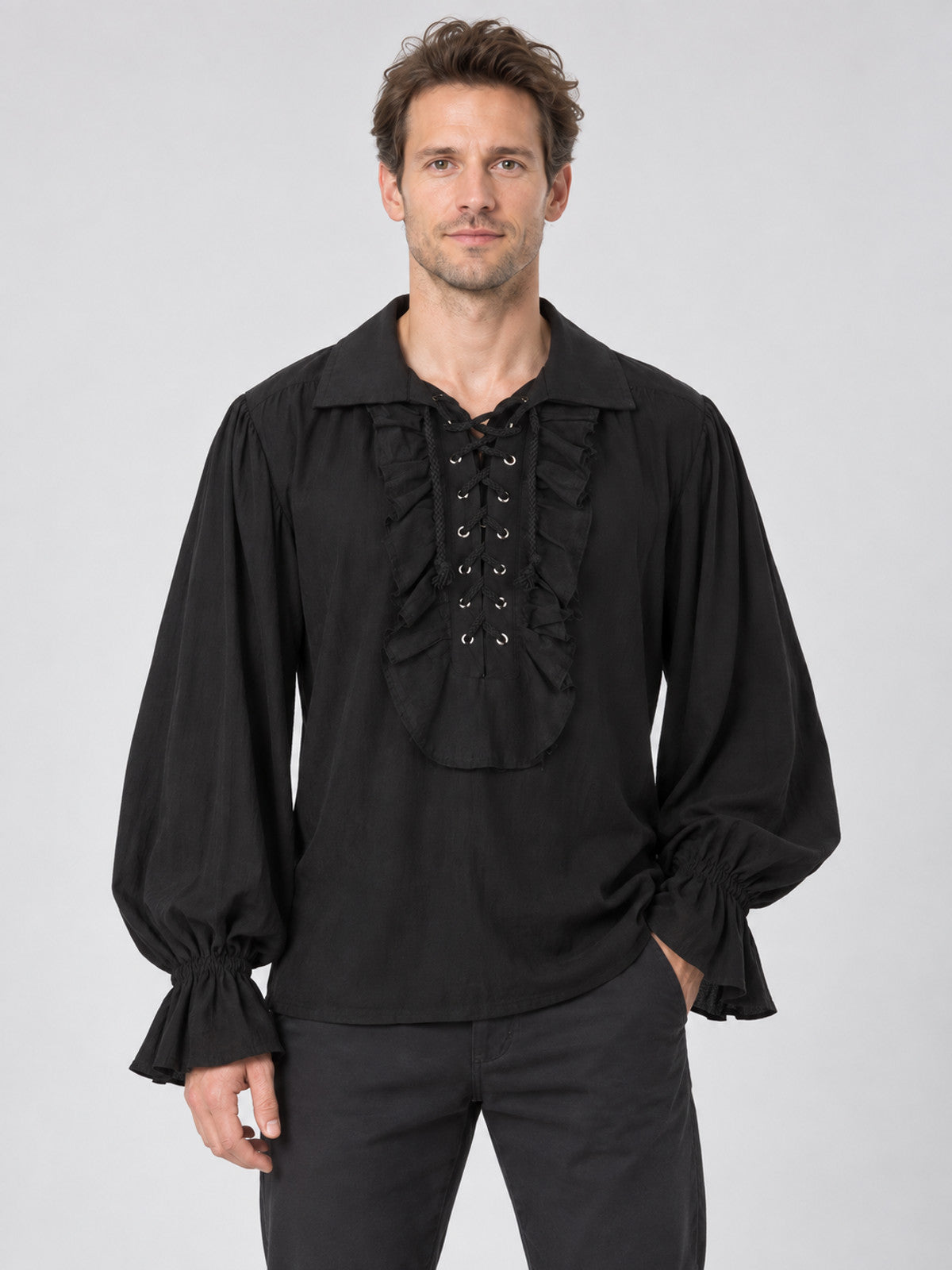 Black Gothic Medieval Shirt with Lacing and Ruffles