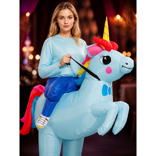 Unicorn Inflatable Ride-On Costume with Horn and Colorful Mane for Halloween on-model view