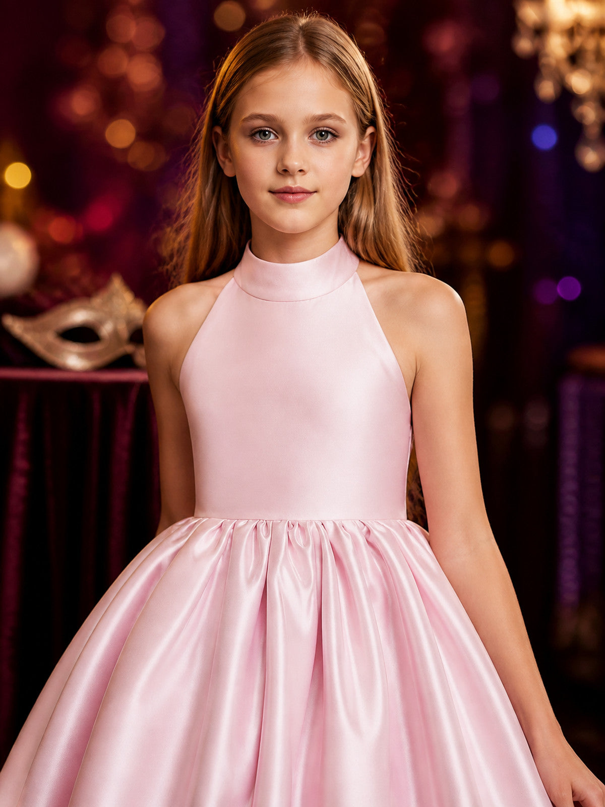 Girls' Pink Satin Halter Princess Dress, Sleeveless Bow Puffy Skirt, Sizes 4Y-8Y on-model view