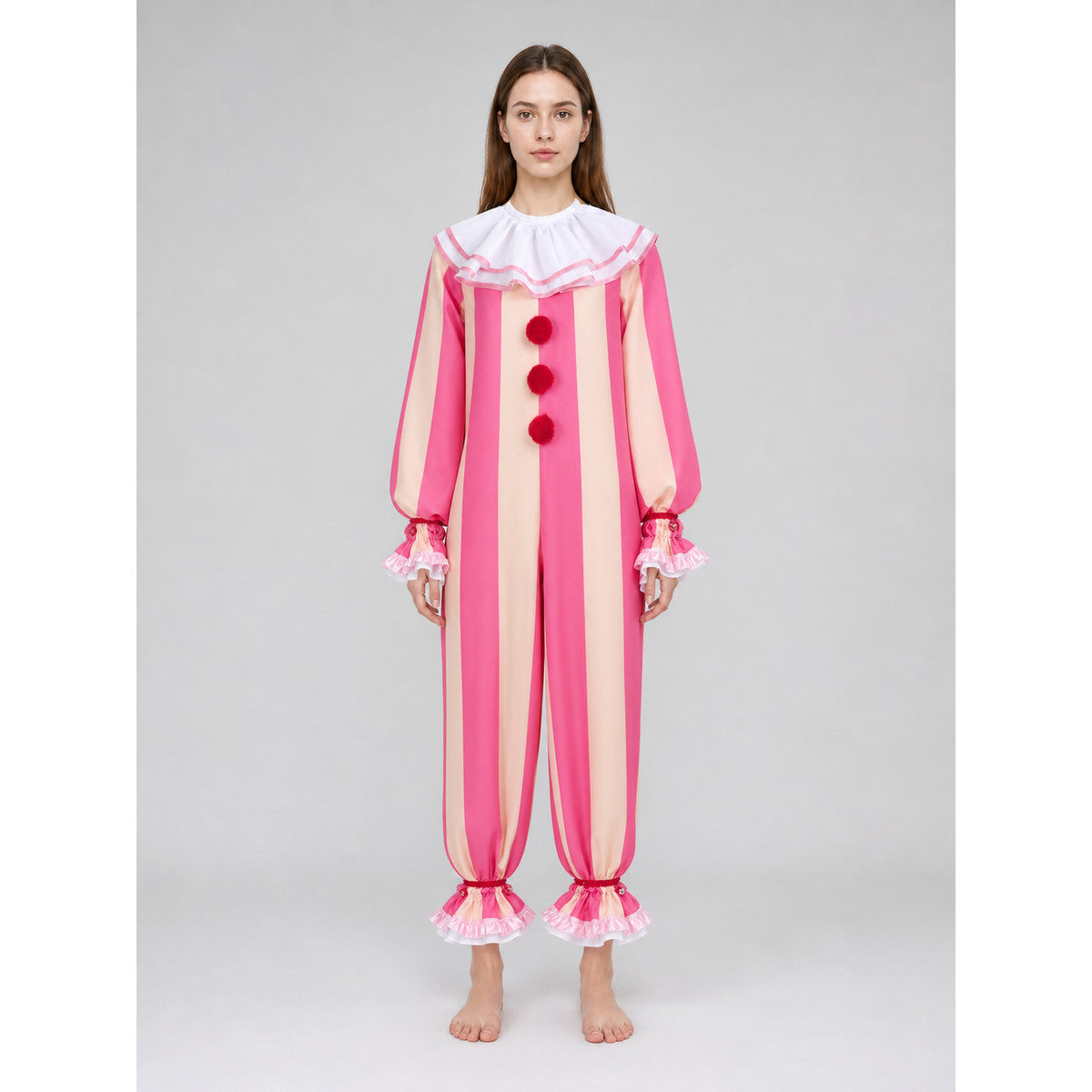 Striped Carnival Clown Jumpsuit with Pom-Poms front view
