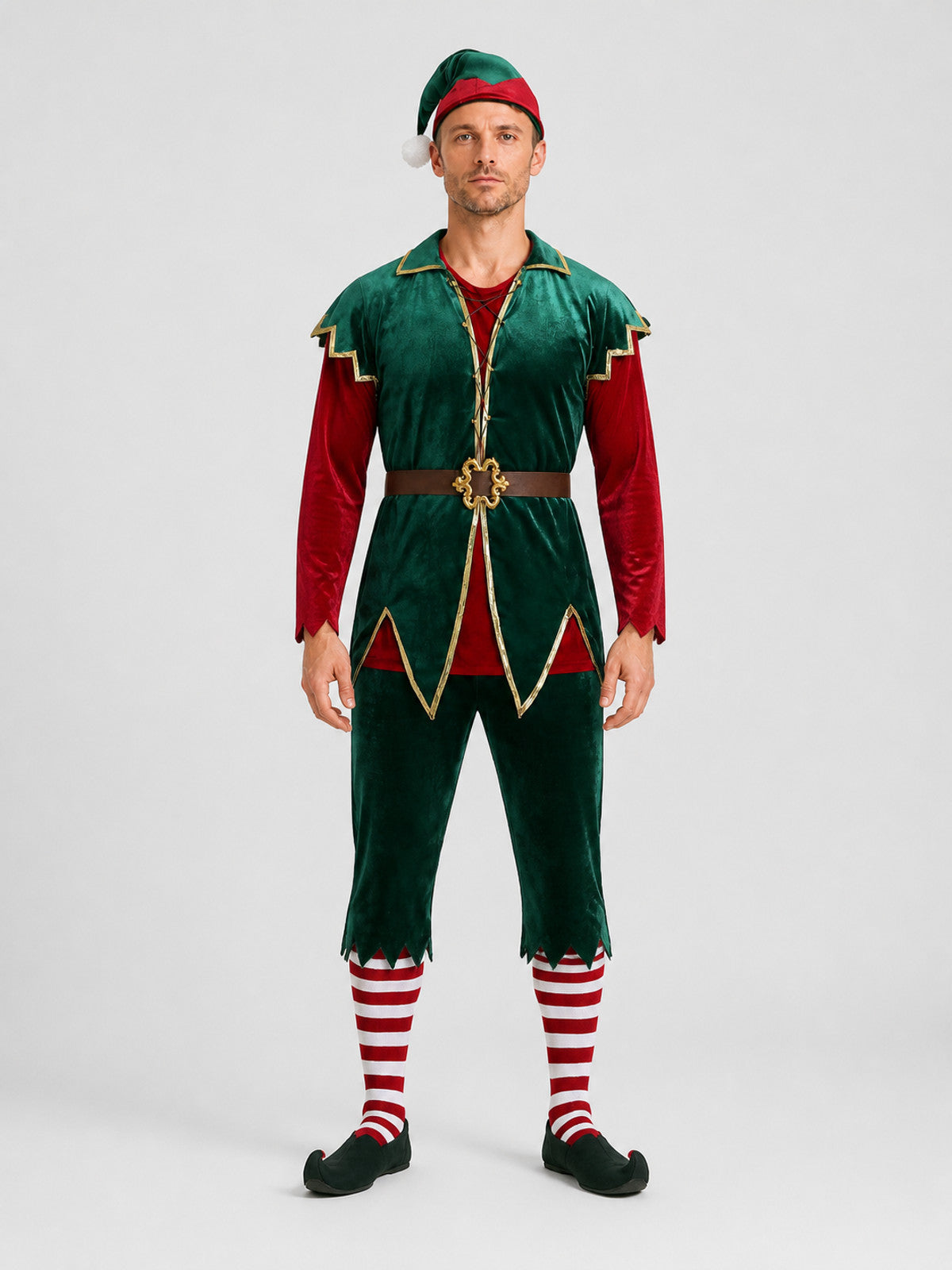 New Year Stage Elf Costume, Green and Red on-model view