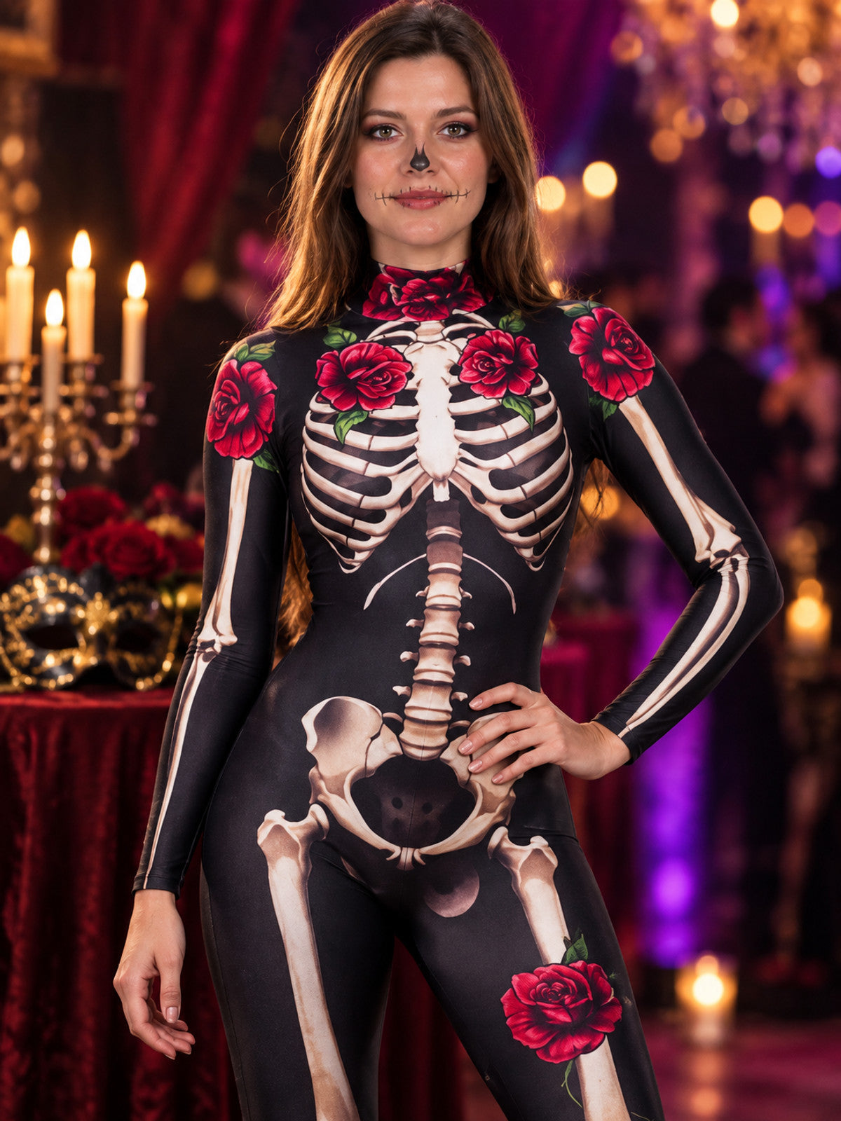 Skeleton Costume Jumpsuit with Print and Red Roses