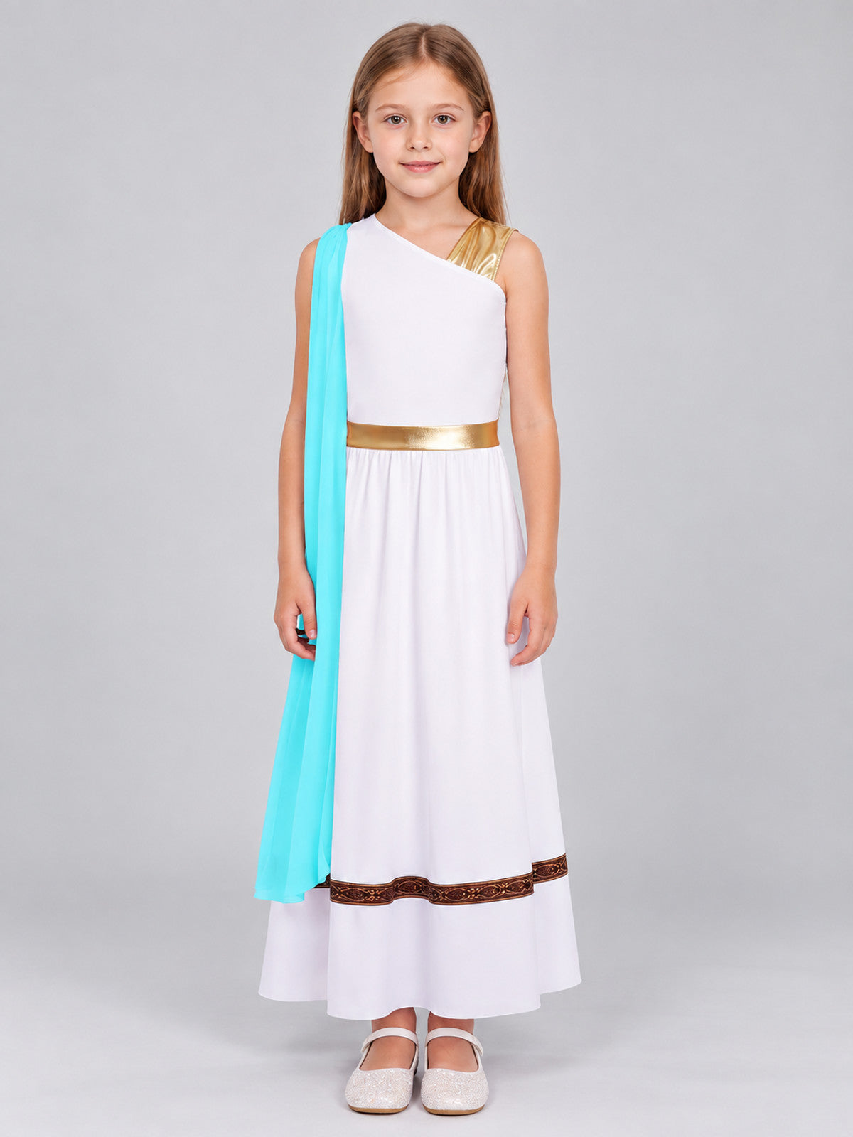 Floor-Length Dress with Turquoise Cape and Asymmetrical Top