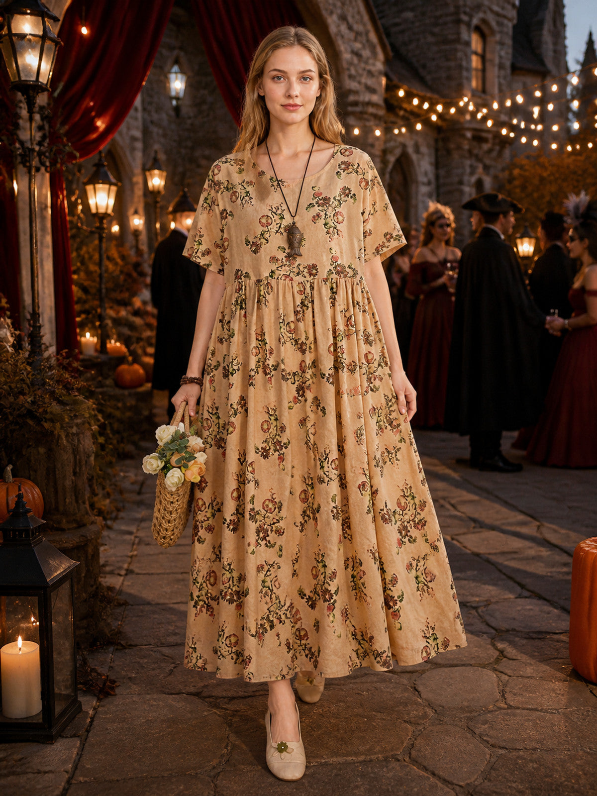 Full Body Floral Print Short Sleeve Loose Fit Long Dress with Waist Pleating and