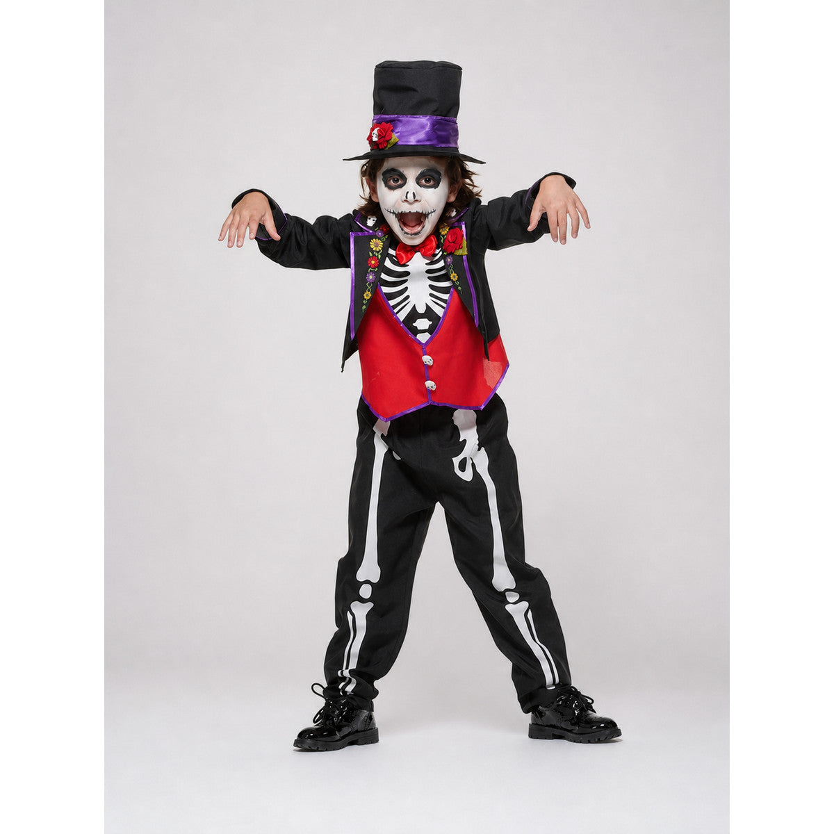 This skeleton costume is designed in the Mexican style of the Day of the Dead celebration. The outfit includes a black jacket with purple trim and floral decorations, a red vest-style front panel with decorative buttons, a red bow tie, blac