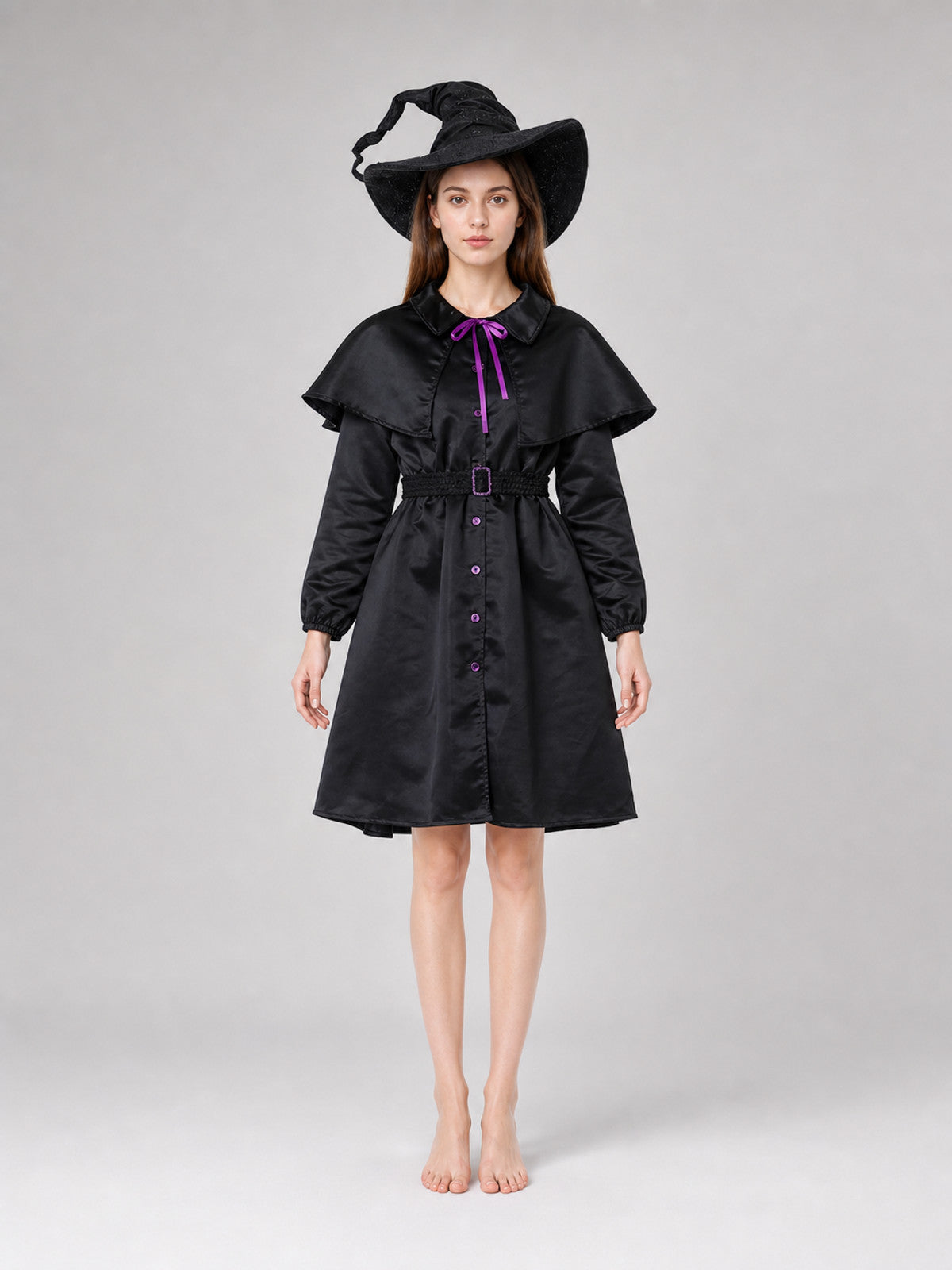 Halloween witch costume with cape and hat front view