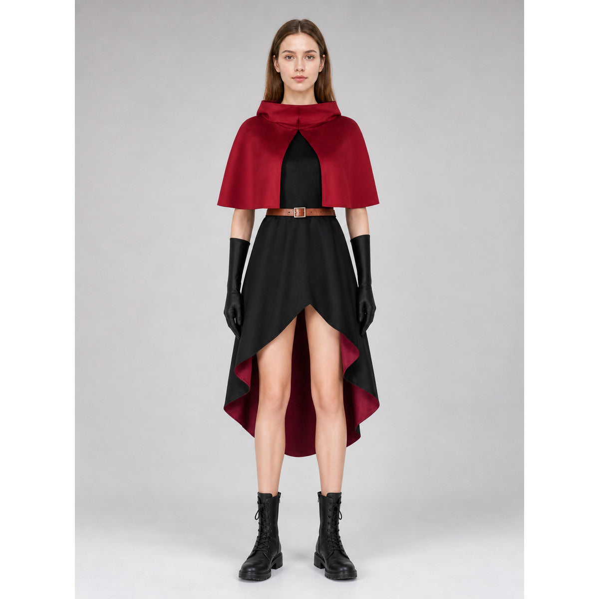 Linsha Cosplay Costume: Dress, Cape, Belt, and Gloves on-model view