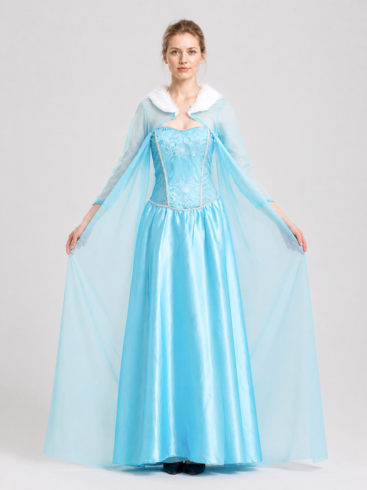 Carnival Dress with Cape and Embroidery, Blue on-model view