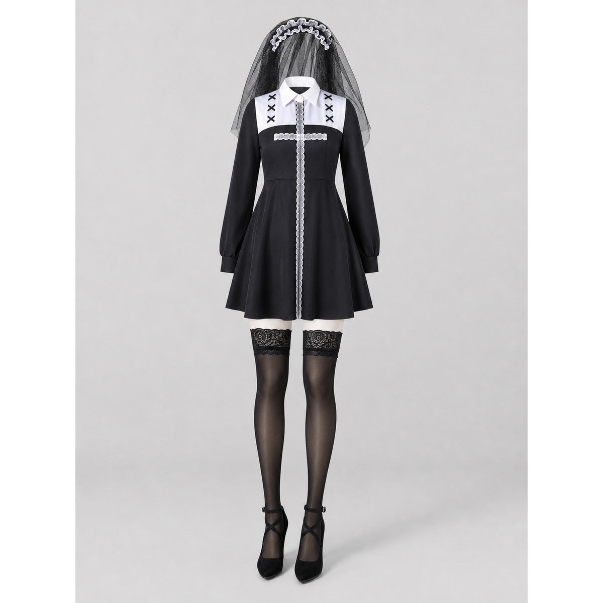 Gothic Dress Costume with Veil and Lace-Up Detail