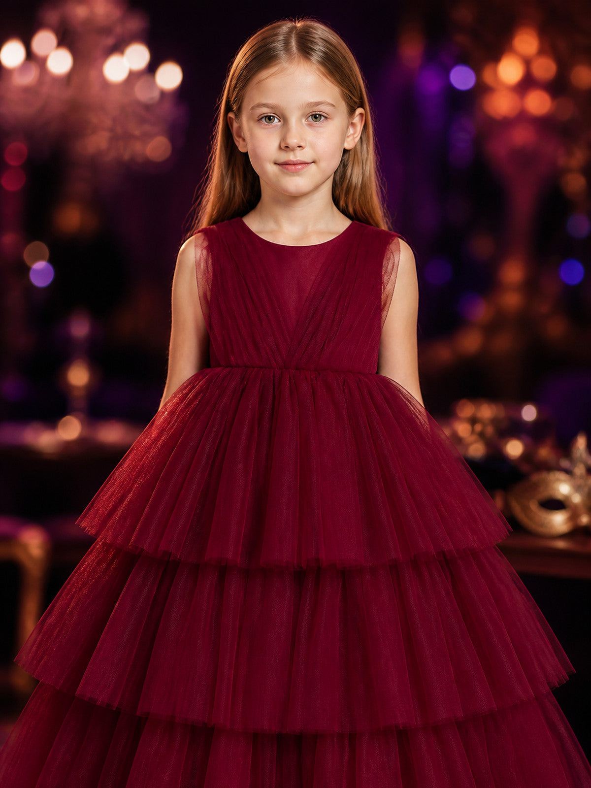 Girls' Burgundy Princess Dress, Sleeveless V-Neck Tiered Tulle Formal Gown on-model view