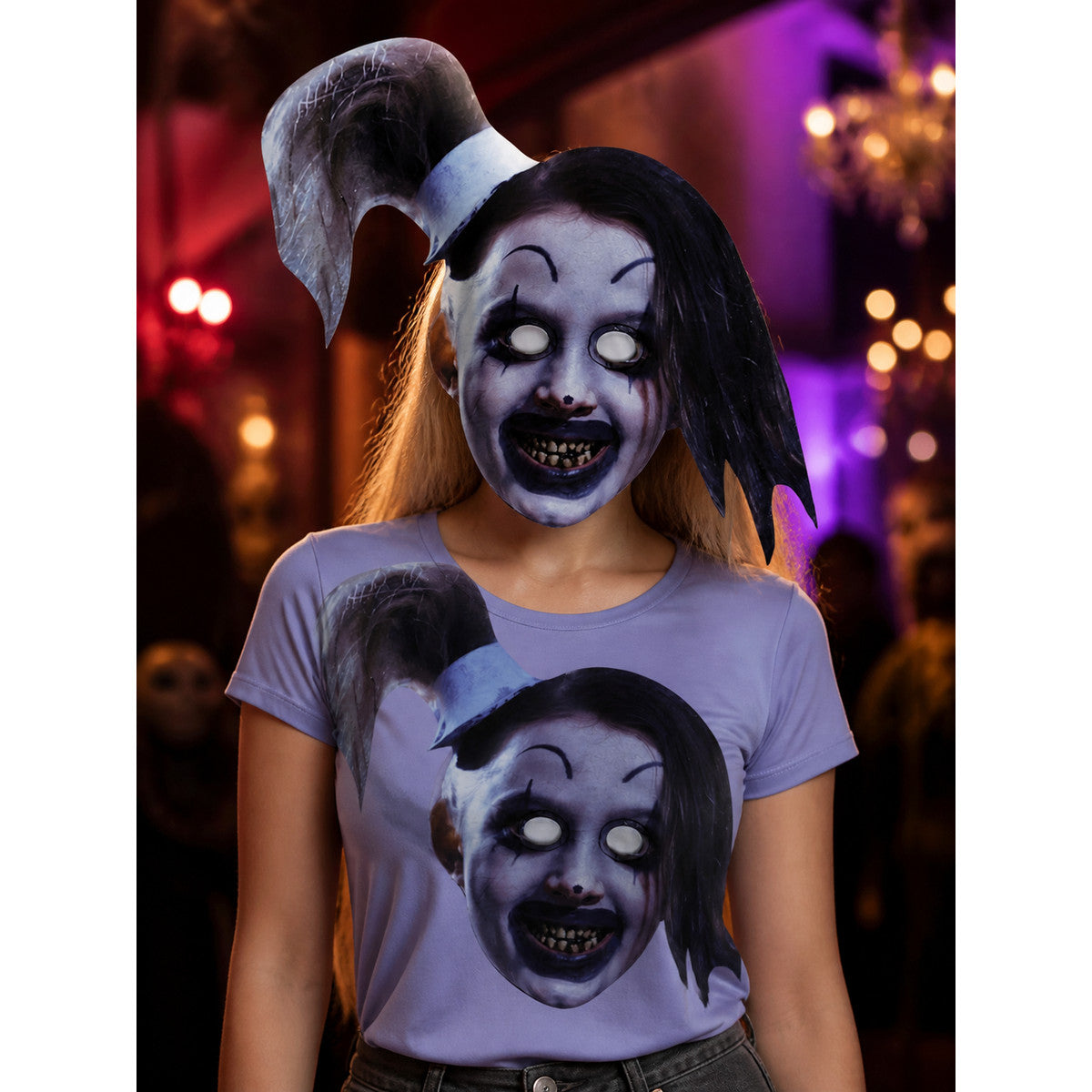 Terrifying Clown Full Face Mask with Witch Hat and Long Black Hair Halloween on-model view