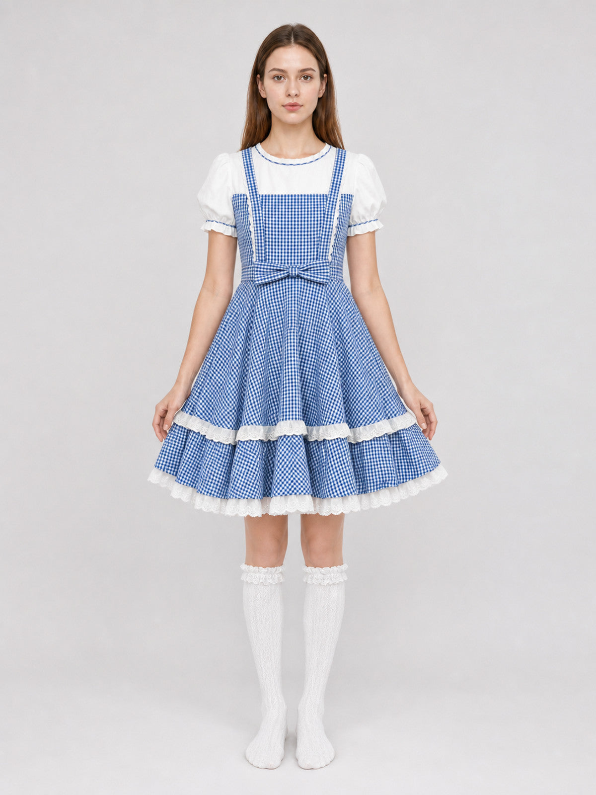 Retro-Style Plaid Dress with Socks and Bows front view