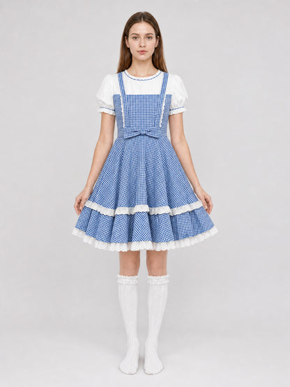 Retro-Style Plaid Dress with Socks and Bows front view