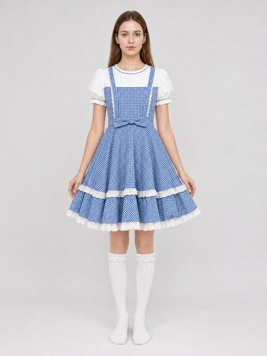 Retro-Style Plaid Dress with Socks and Bows front view