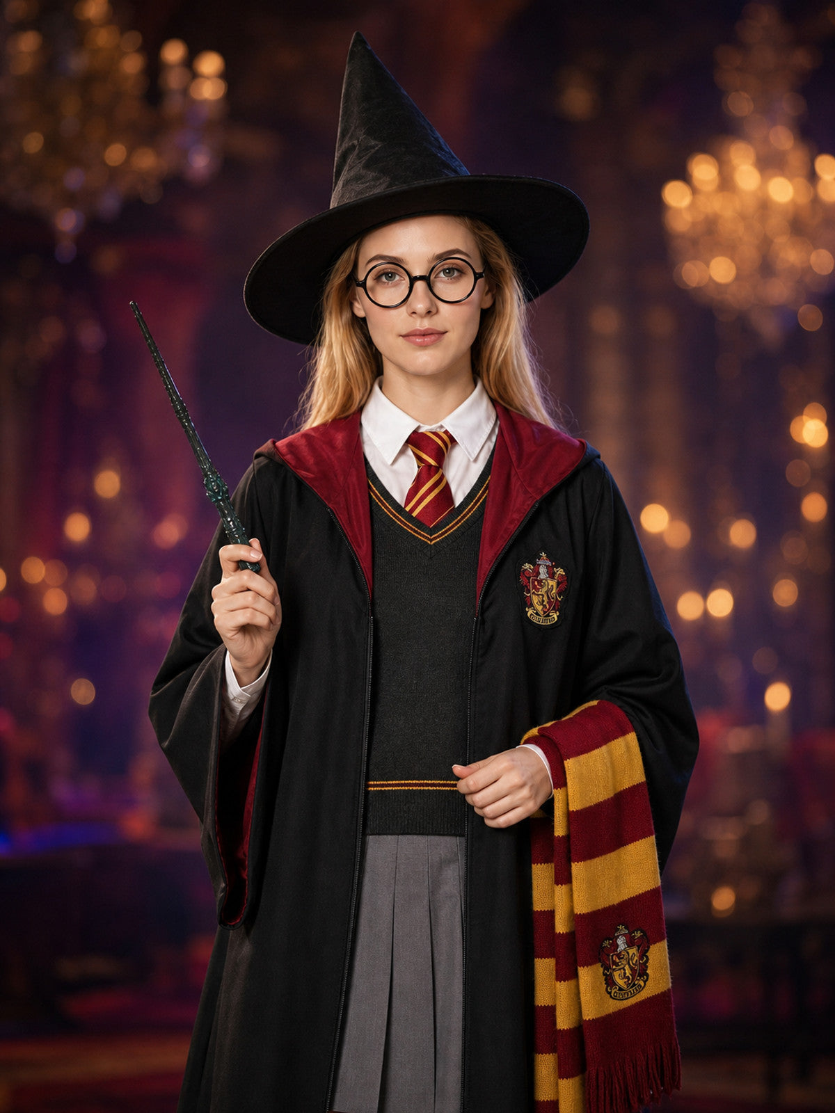 Wizard Robe Costume Set With Hat, Scarf, Tie, Glasses And Wand, Halloween on-model view
