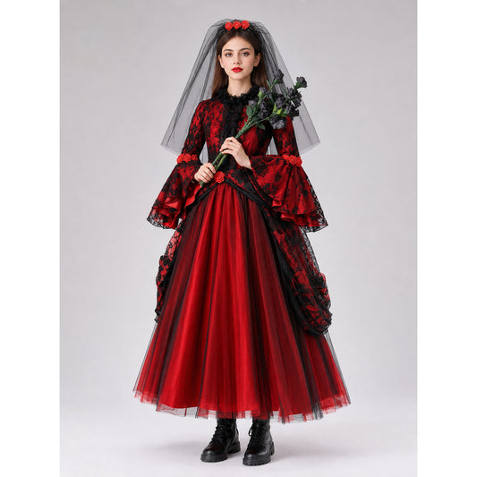 Gothic dress with roses and lace, red and black