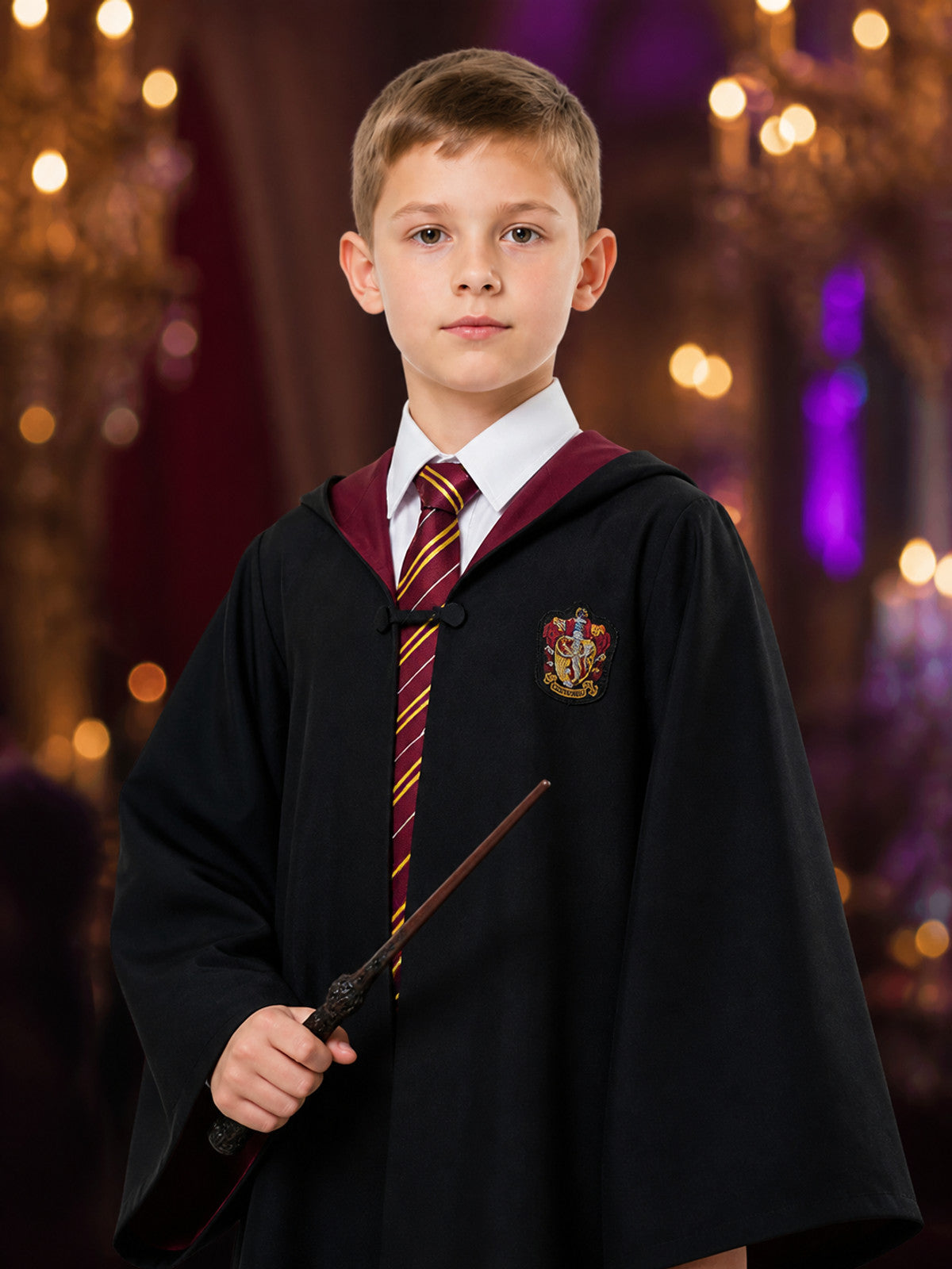 Wizard Robe Costume Set with Wand, Striped Tie and Chest Badge on-model view
