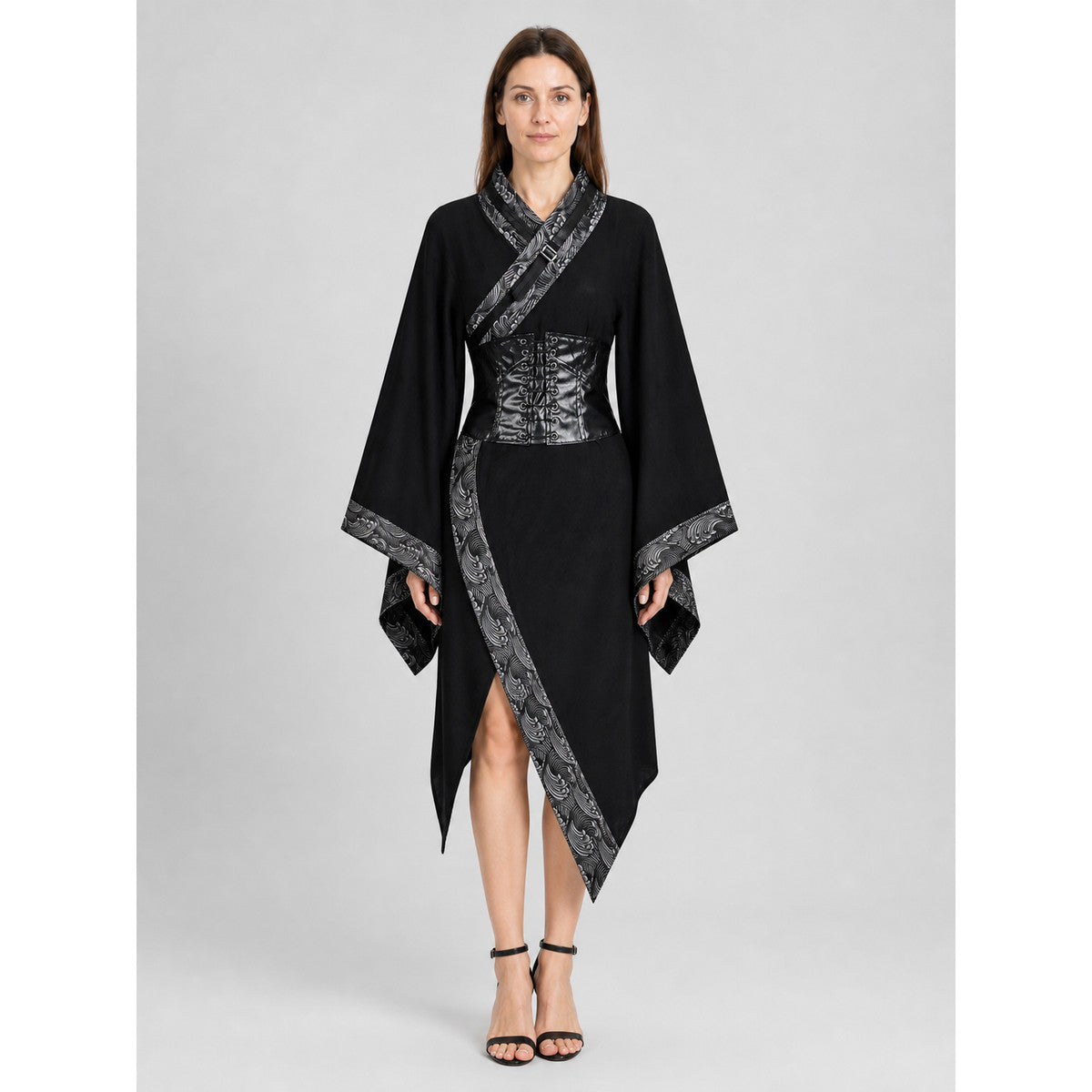 Belted Cape Coat with an Asymmetrical Hem and Wide Sleeves on-model view