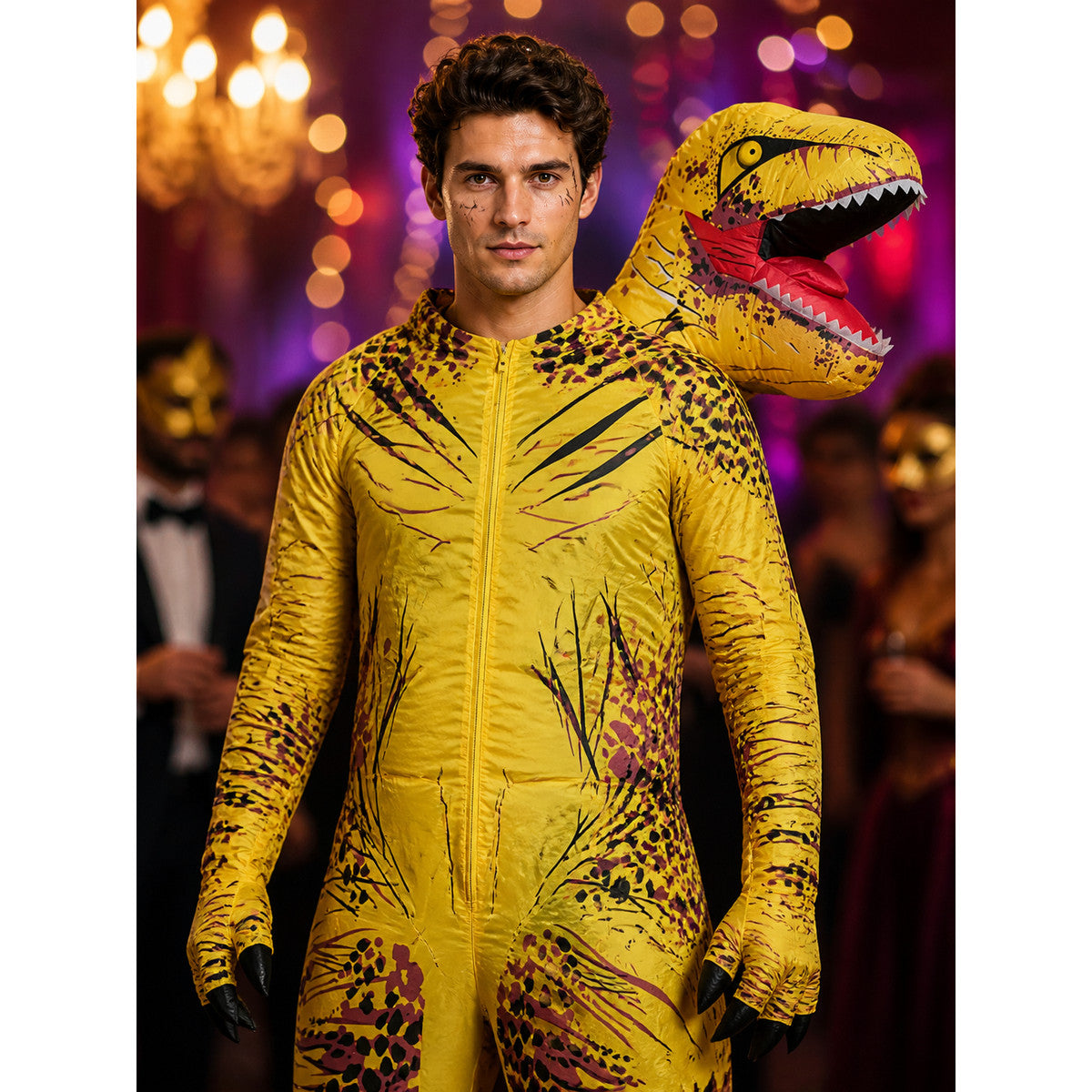 Adult Yellow T-Rex Dinosaur Costume Inflatable With Open Mouth And Realistic on-model view