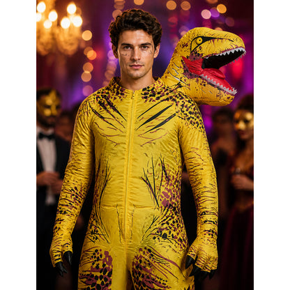 Adult Yellow T-Rex Dinosaur Costume Inflatable With Open Mouth And Realistic on-model view