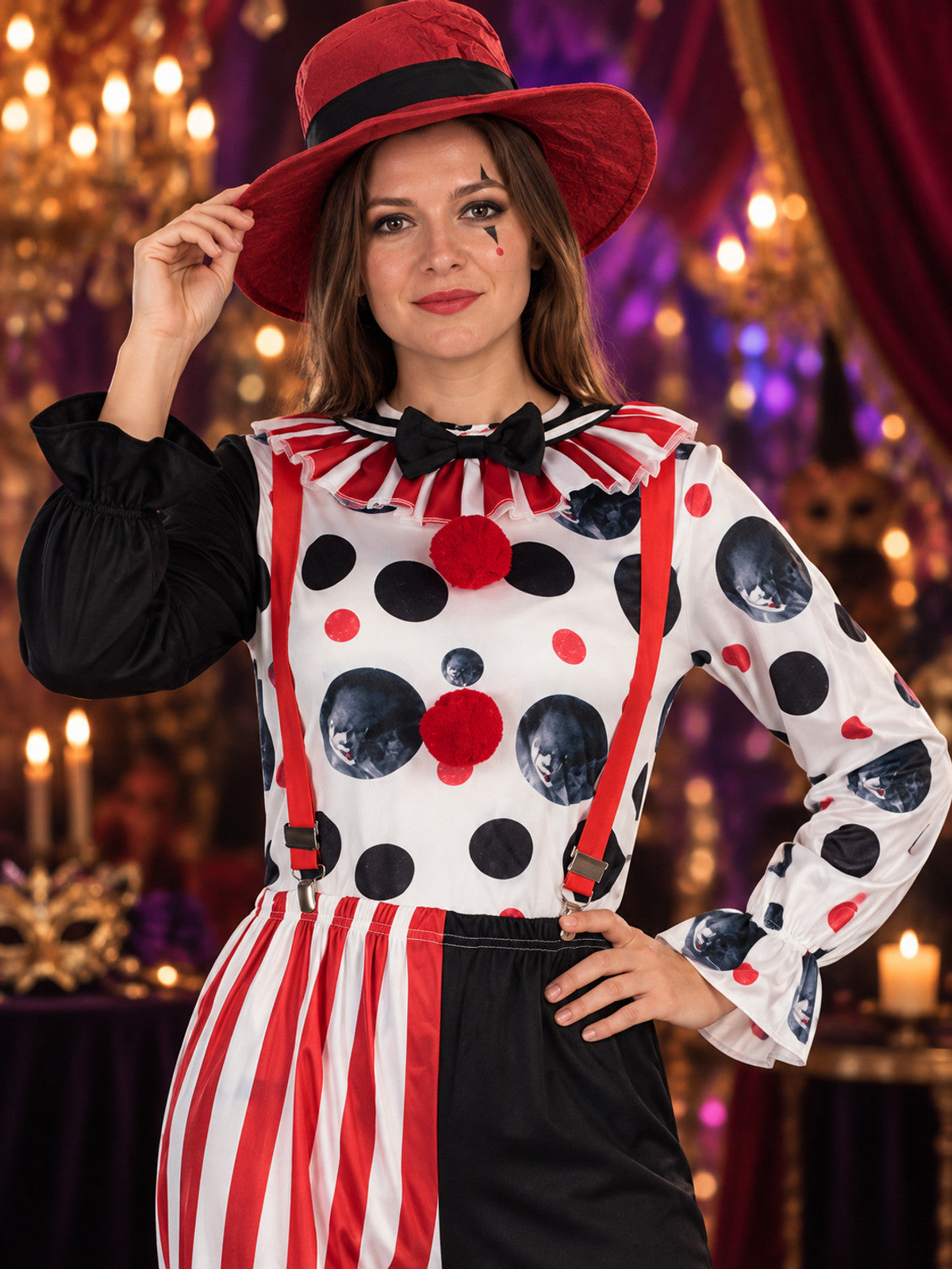 Clown Costume with Red Hat, Suspenders and Pants