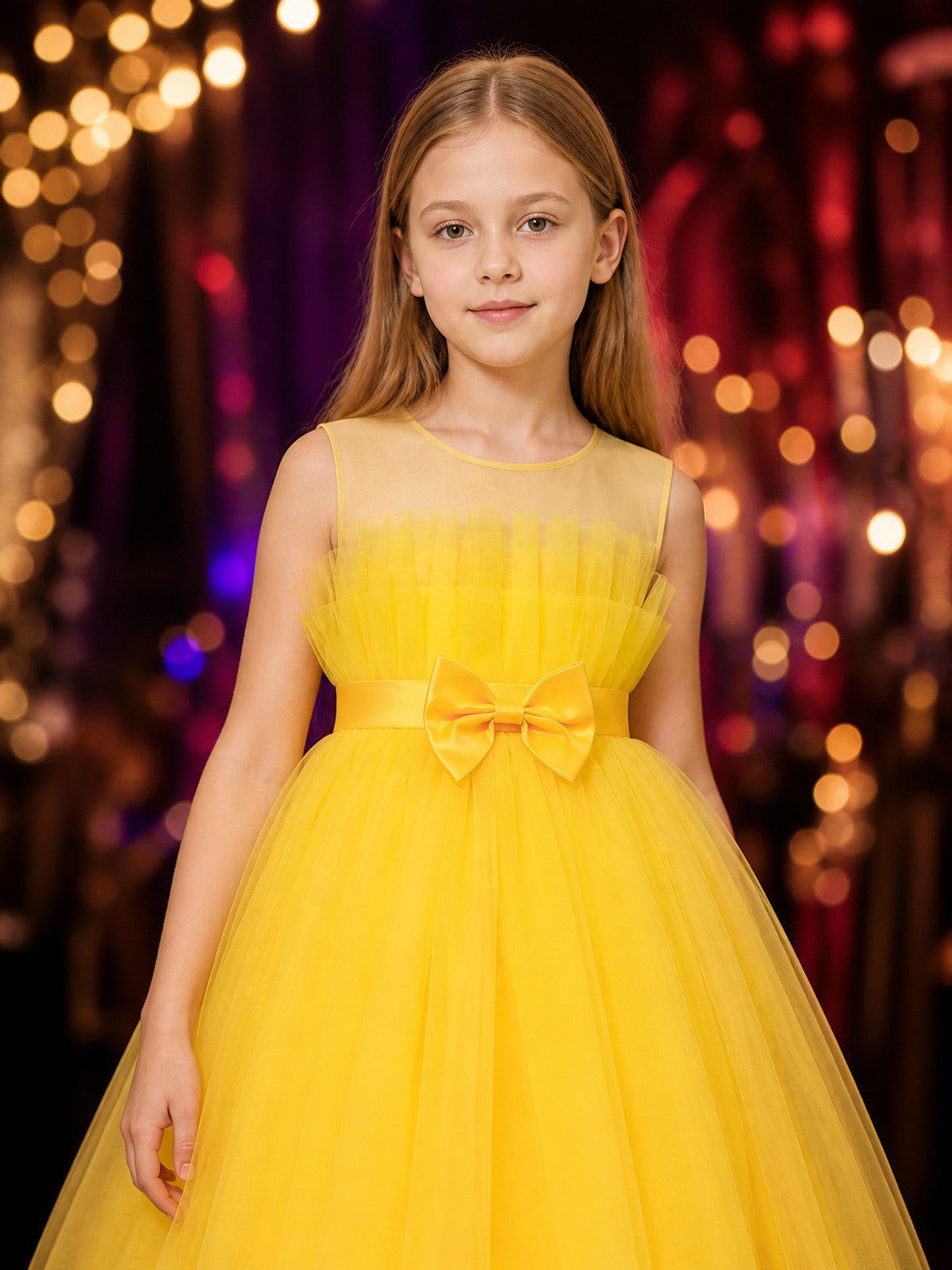 Girls' Yellow Long Princess Dress with Layered Tulle and Double Bows on-model view