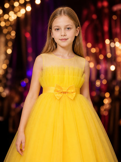 Girls' Yellow Long Princess Dress with Layered Tulle and Double Bows on-model view