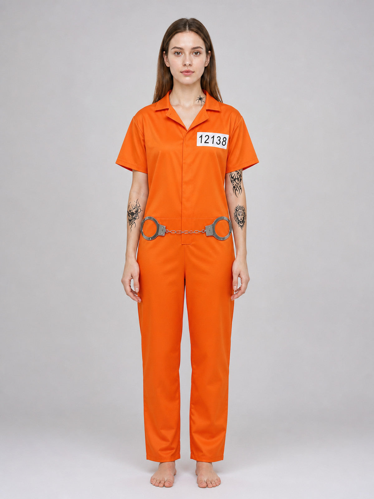 Orange short-sleeve jumpsuit shown full-body on a model with a collar, front closure, number patch, and handcuffs at the waist