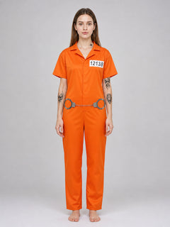 Orange Prisoner Jumpsuit Costume Set for Adults – Inmate Jumpsuit with Handcuffs, Signs, Number Stickers & Tattoos