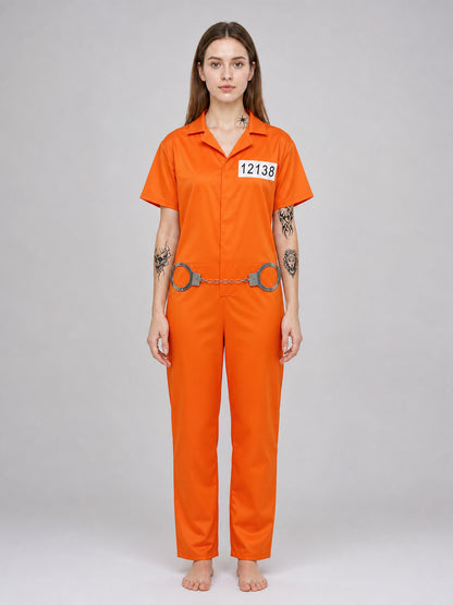 Orange short-sleeve jumpsuit shown full-body on a model with a collar, front closure, number patch, and handcuffs at the waist