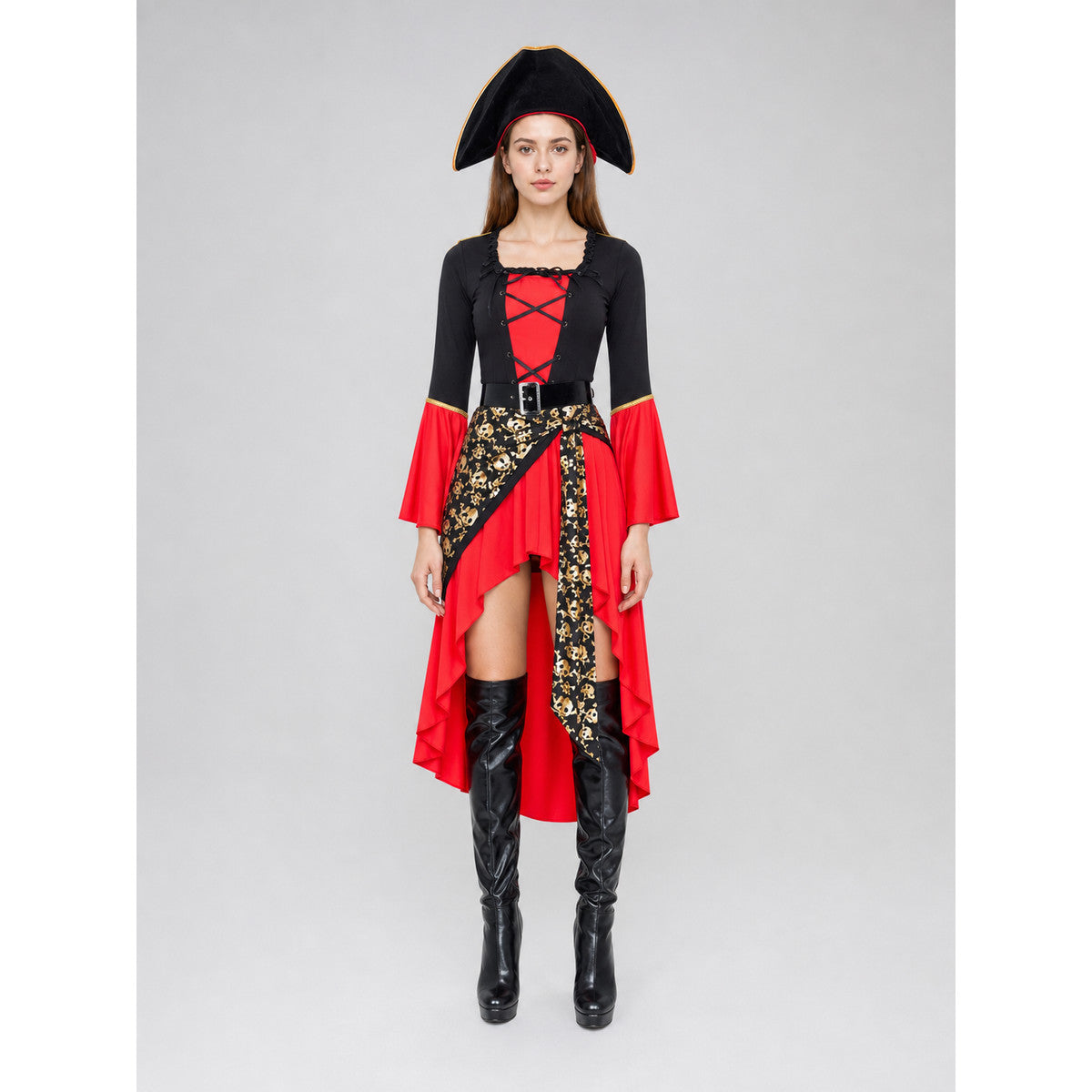 Woman wearing the red and black pirate costume: high-low dress with bell sleeves, black belt and tricorn hat, front view