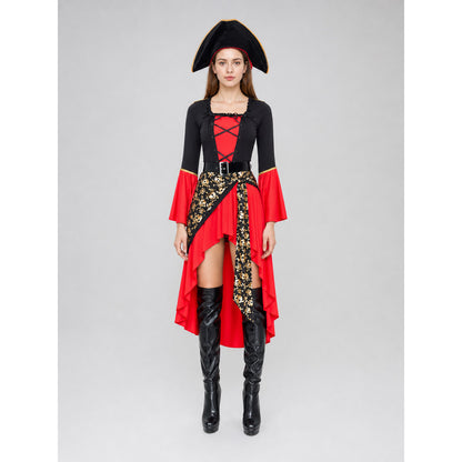 Woman wearing the red and black pirate costume: high-low dress with bell sleeves, black belt and tricorn hat, front view