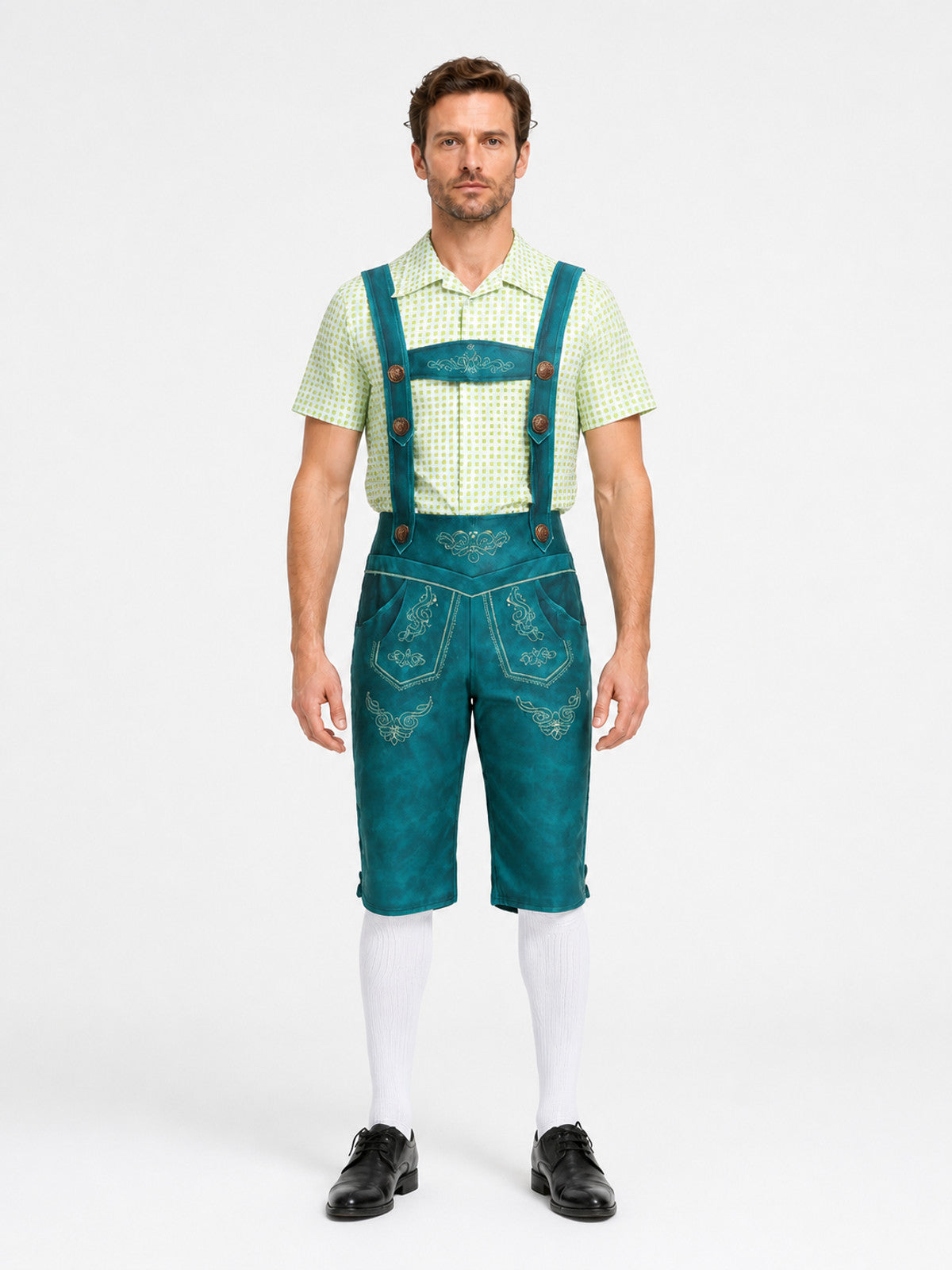 Plaid Bavarian Lederhosen Costume for Oktoberfest front view