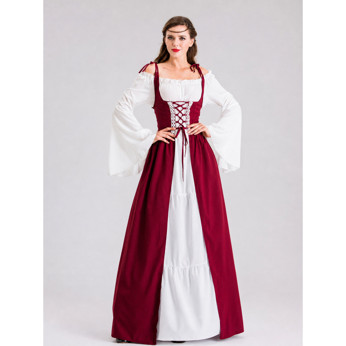 This is a retro-style historical costume for creating the look of a princess, queen, or theater performer. The outfit combines white and wine-red colors, creating a striking and distinctive appearance. The white top features wide sleeves, s
