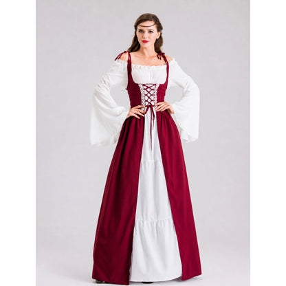 This is a retro-style historical costume for creating the look of a princess, queen, or theater performer. The outfit combines white and wine-red colors, creating a striking and distinctive appearance. The white top features wide sleeves, s