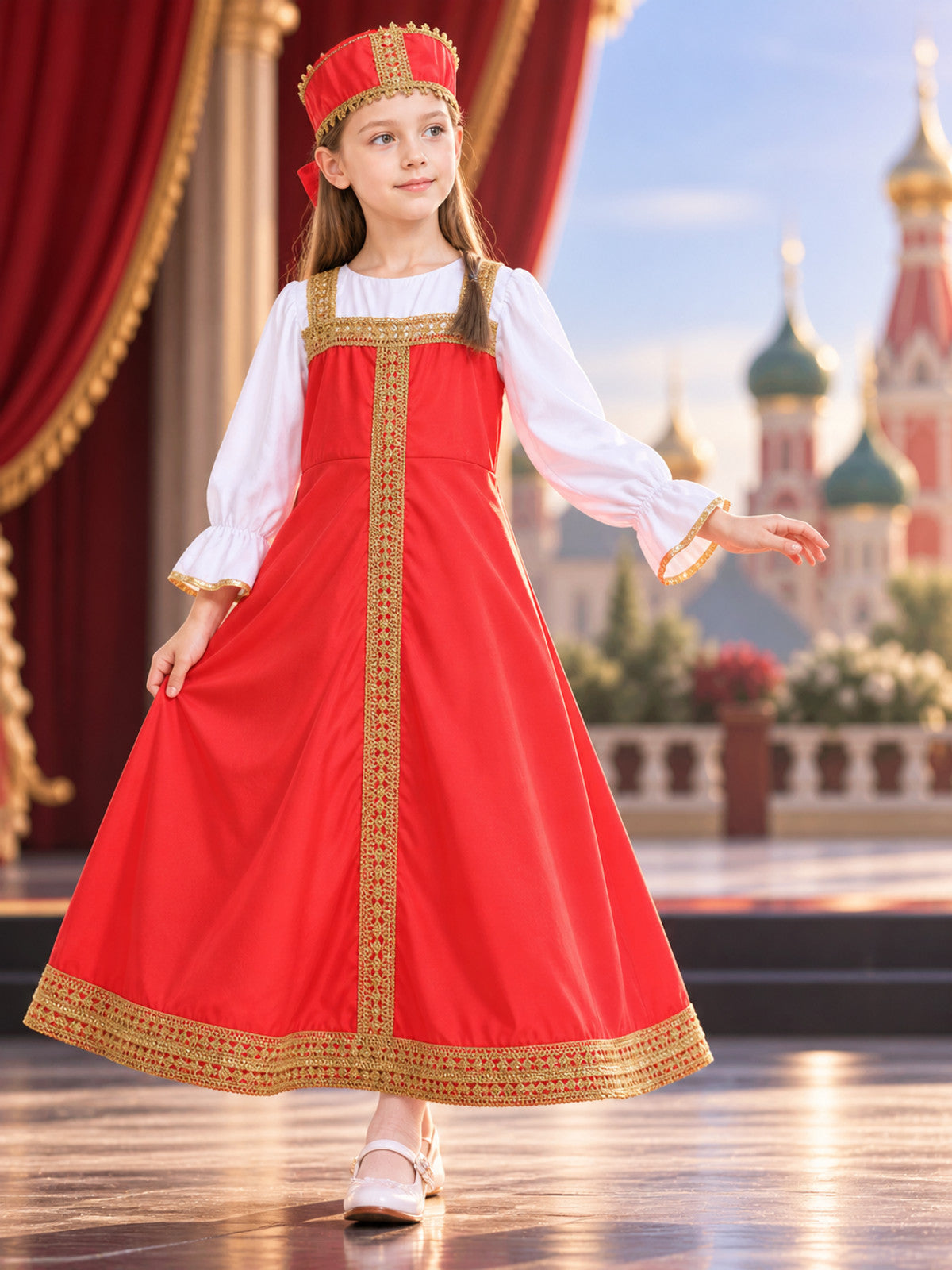 Red Carnival Dress with Gold-Toned Trim main product view