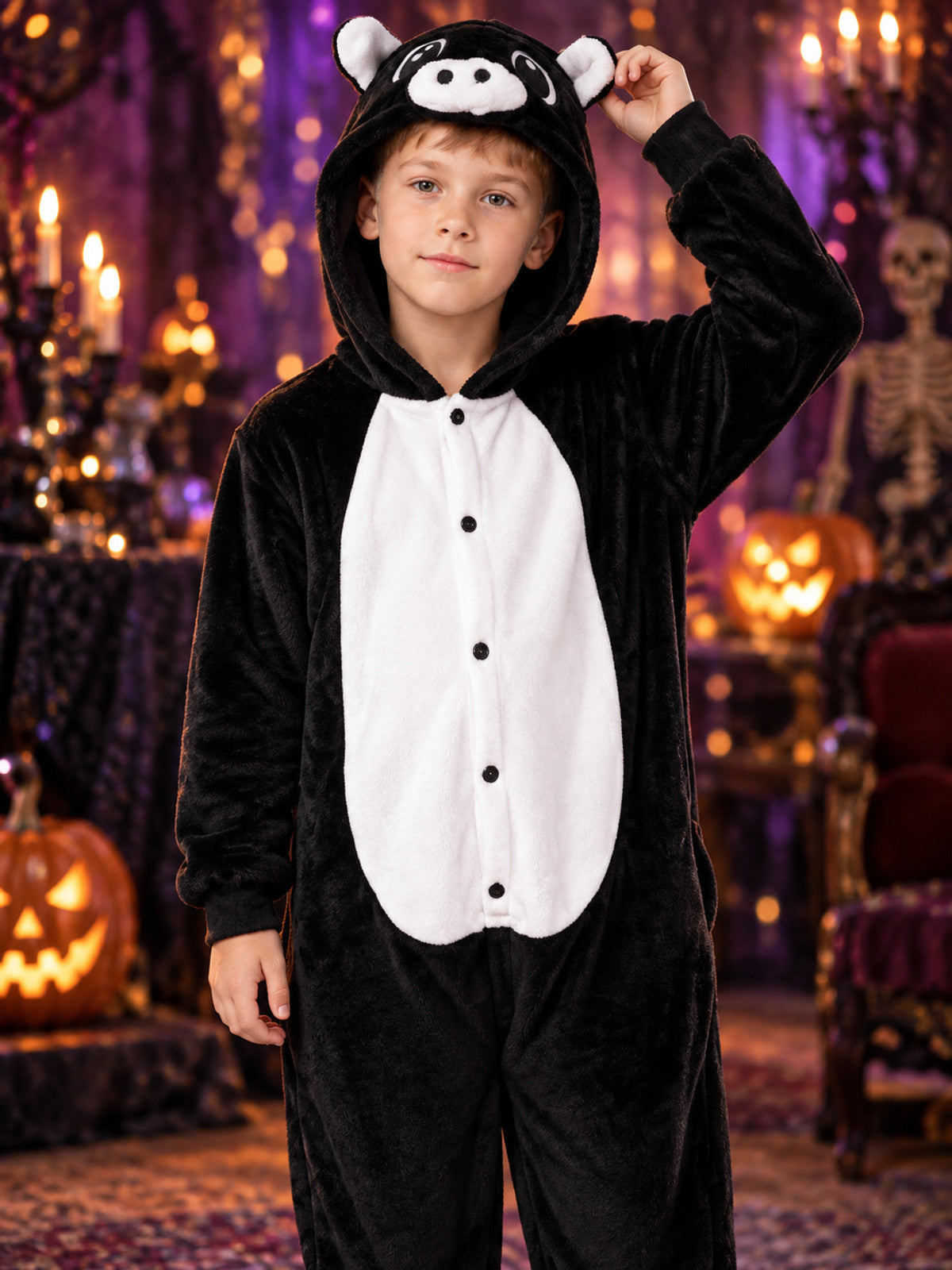 Black and white jumpsuit pajama with skull graphic on the hood