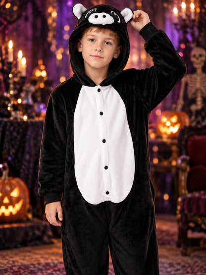 Black and white jumpsuit pajama with skull graphic on the hood