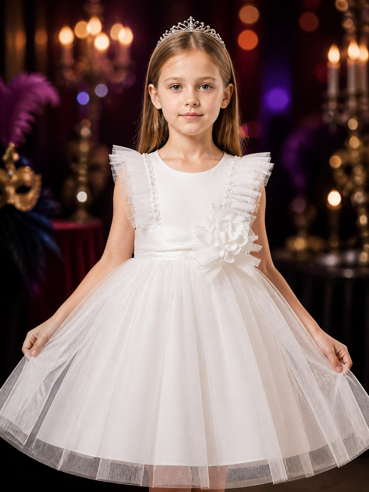 Girls' White Princess Formal Dress with Layered Tulle Skirt and Sequin Beaded on-model view