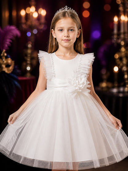 Girls' White Princess Formal Dress with Layered Tulle Skirt and Sequin Beaded on-model view