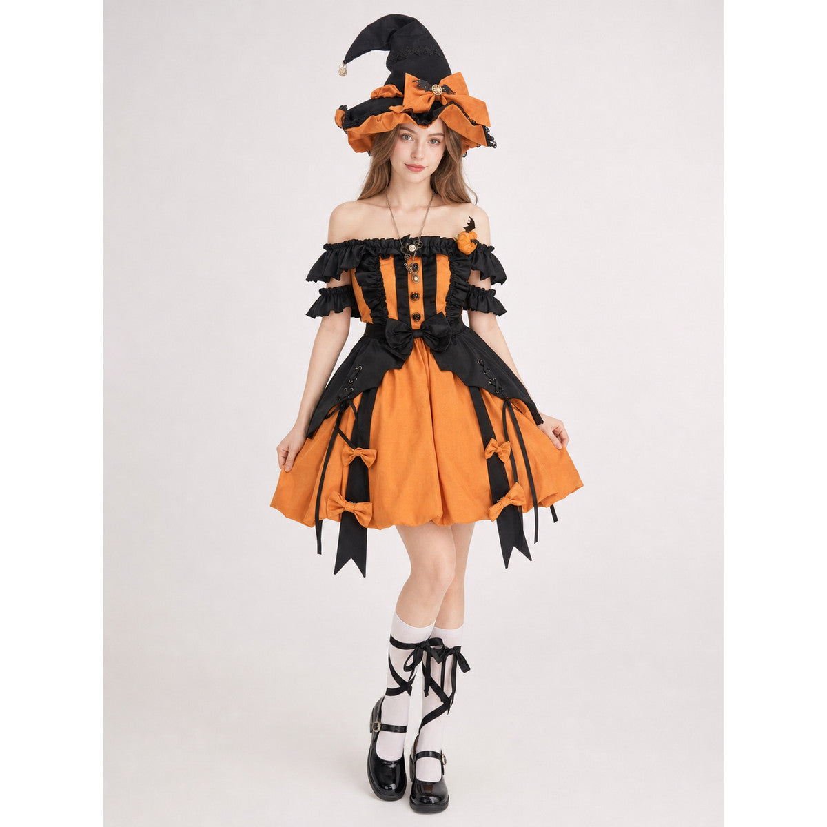 Lolita Halloween Witch Costume: Dress and Hat on-model view