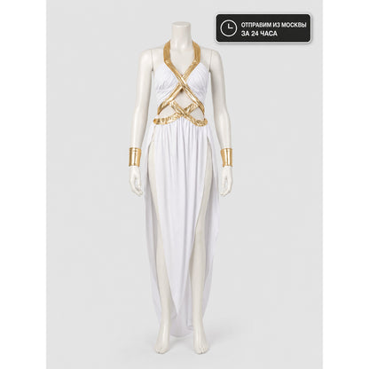Long White-and-Gold Cosplay Dress with a High Slit