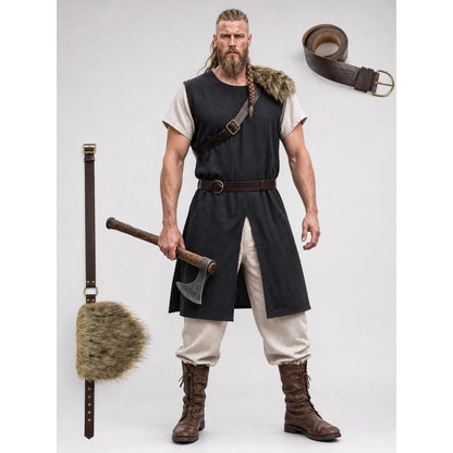 Black Sleeveless Tunic with Fur Trim and Belt on-model view
