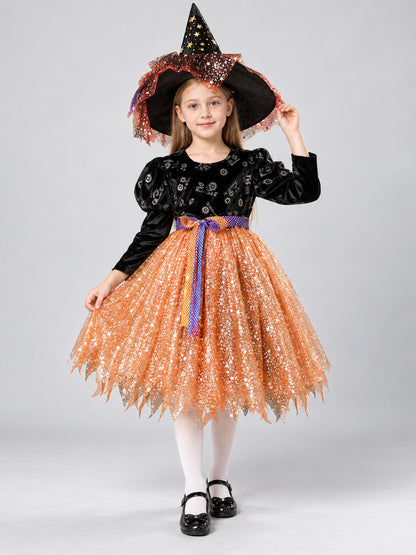 Kids' Witch Halloween Costume with Hat and Sequins